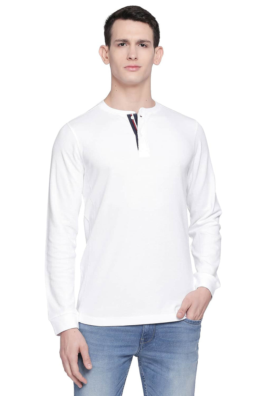 BASICS MUSCLE FIT BRIGHT WHITE HENLEY T SHIRT
