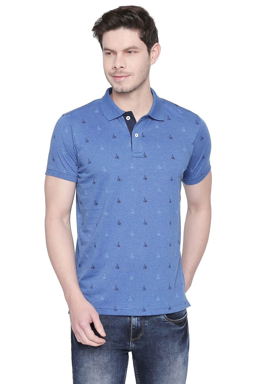 BASICS MUSCLE FIT BALEINE BLUE PRINTED POLO T SHIRT