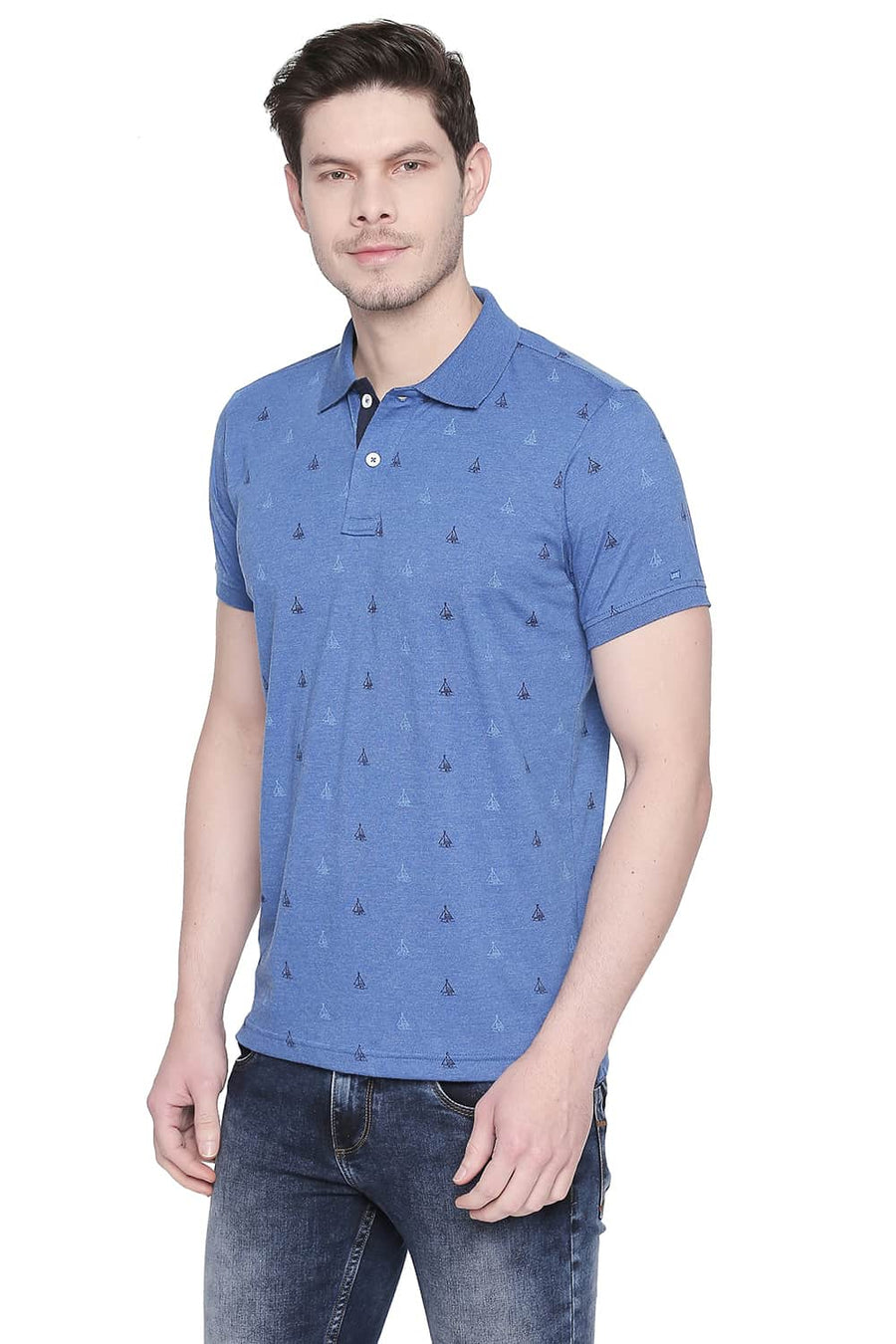 BASICS MUSCLE FIT BALEINE BLUE PRINTED POLO T SHIRT