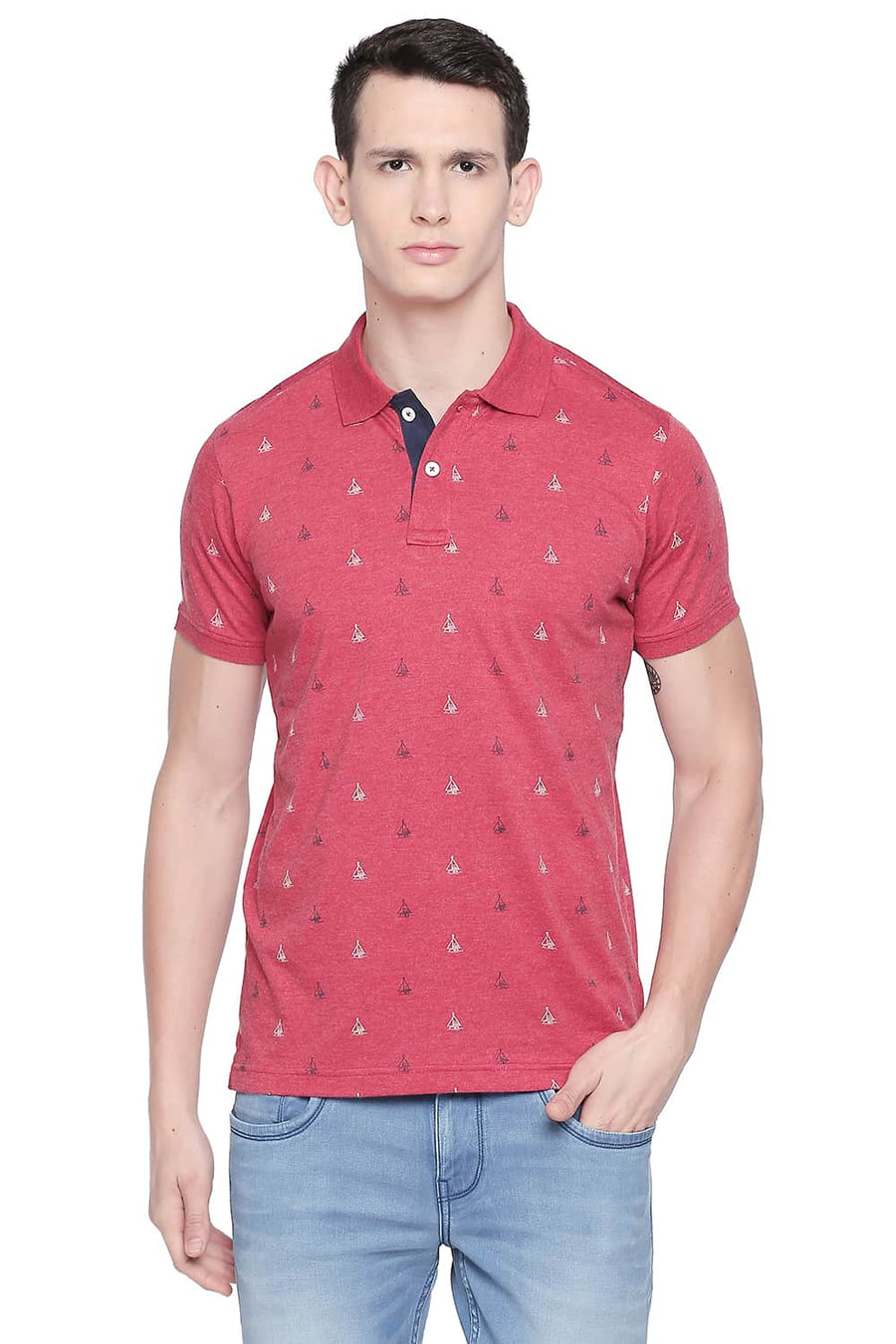 BASICS MUSCLE FIT SCOOTER HEATHER PRINTED POLO T SHIRT