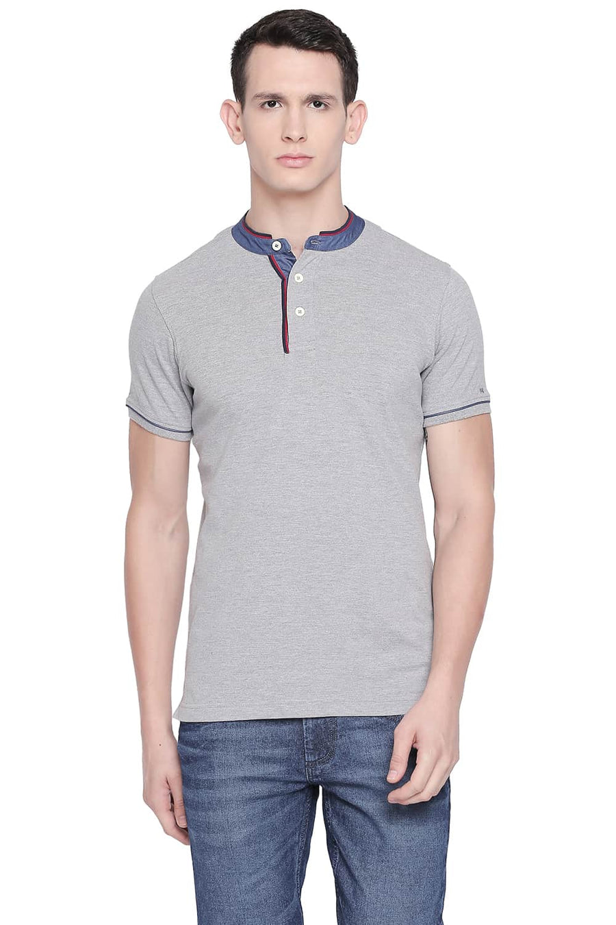 BASICS MUSCLE FIT HEATHER GREY MANDARIN POLO T SHIRT