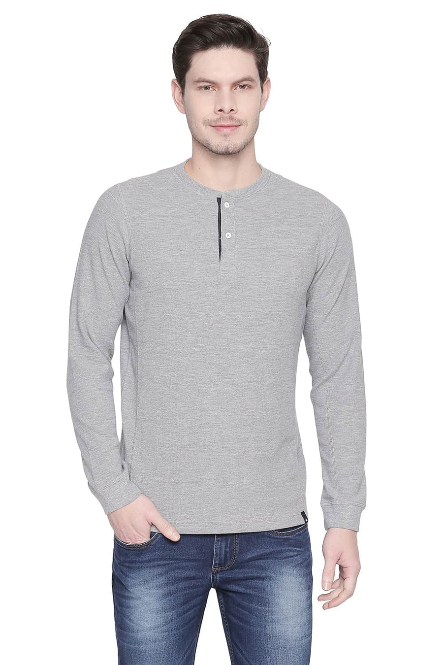 BASICS MUSCLE FIT HEATHER GREY HENLEY T SHIRT