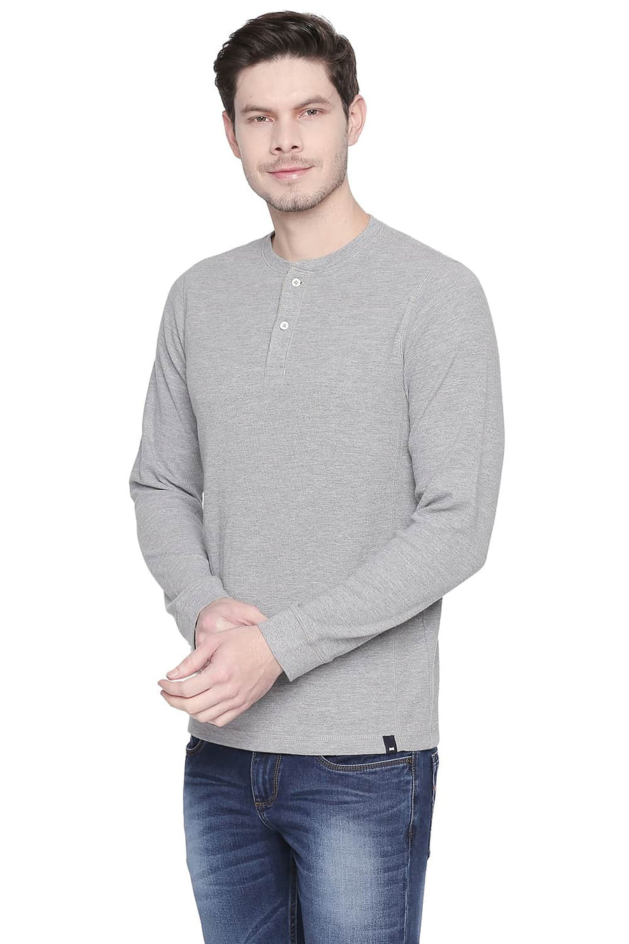 BASICS MUSCLE FIT HEATHER GREY HENLEY T SHIRT
