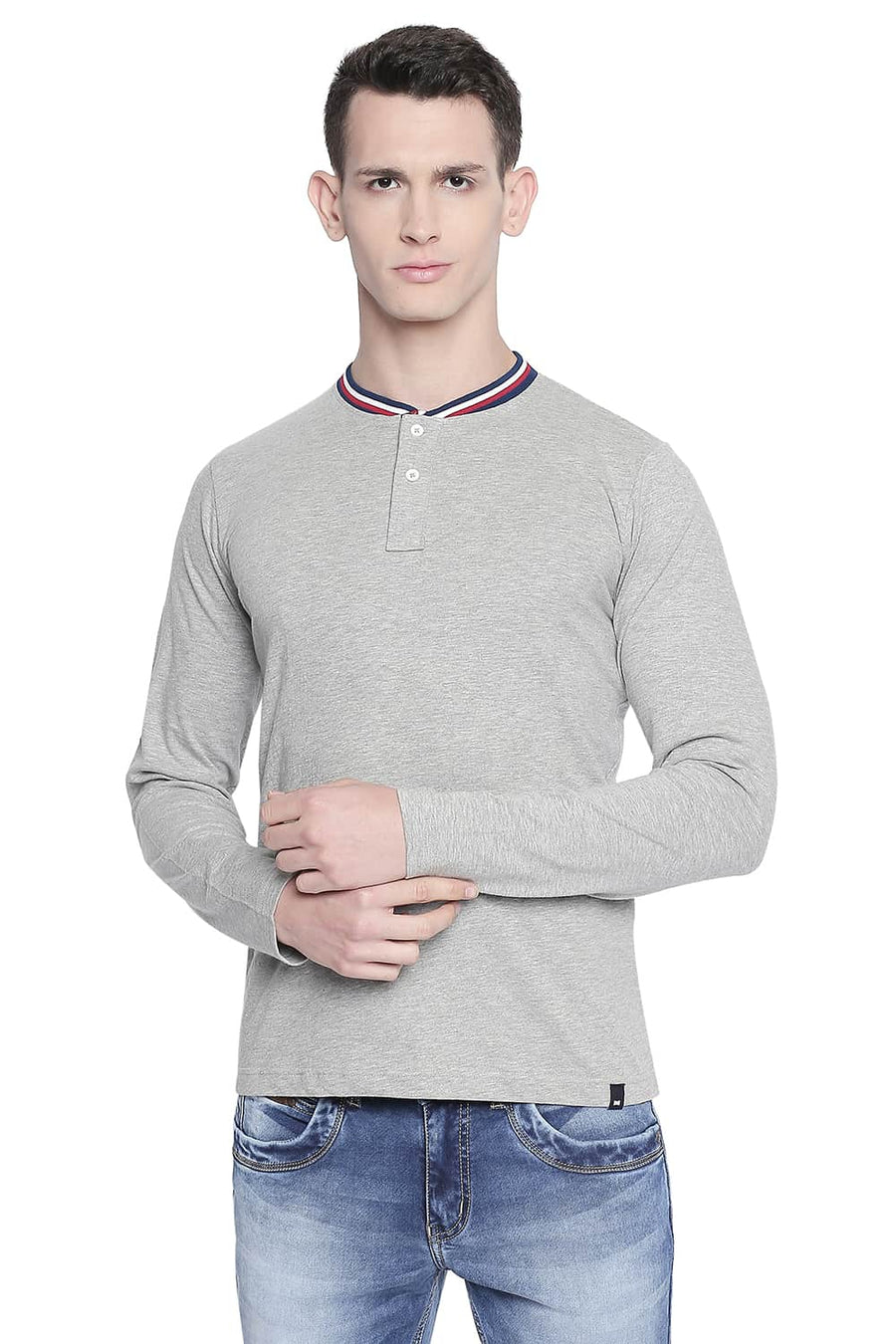 BASICS MUSCLE FIT HEATHER GREY HENLEY T SHIRT