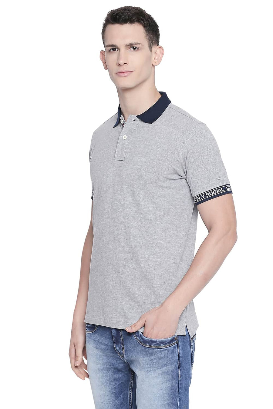 BASICS MUSCLE FIT HEATHER GREY POLO T SHIRT