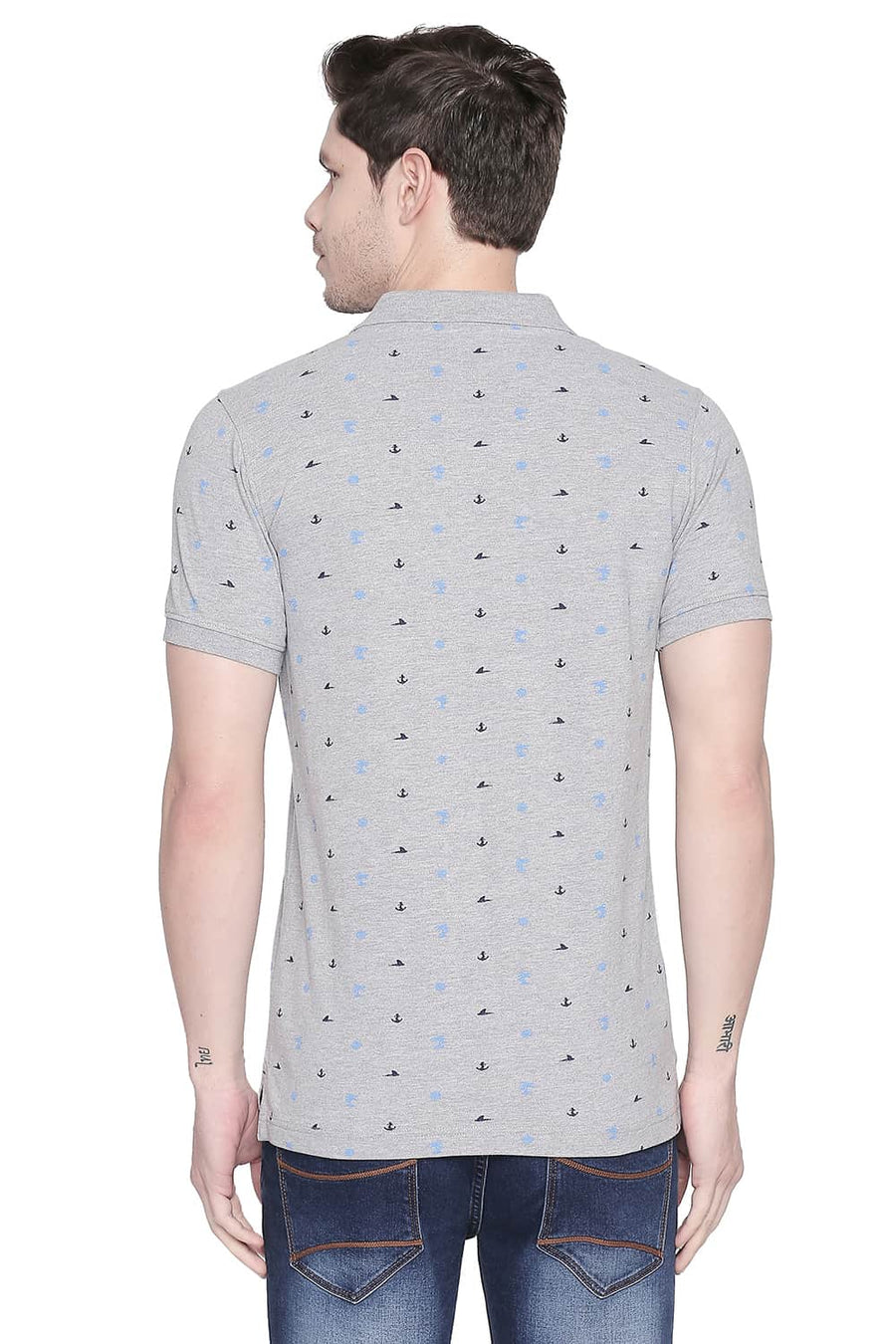 BASICS MUSCLE FIT HEATHER GREY PRINTED POLO T SHIRT