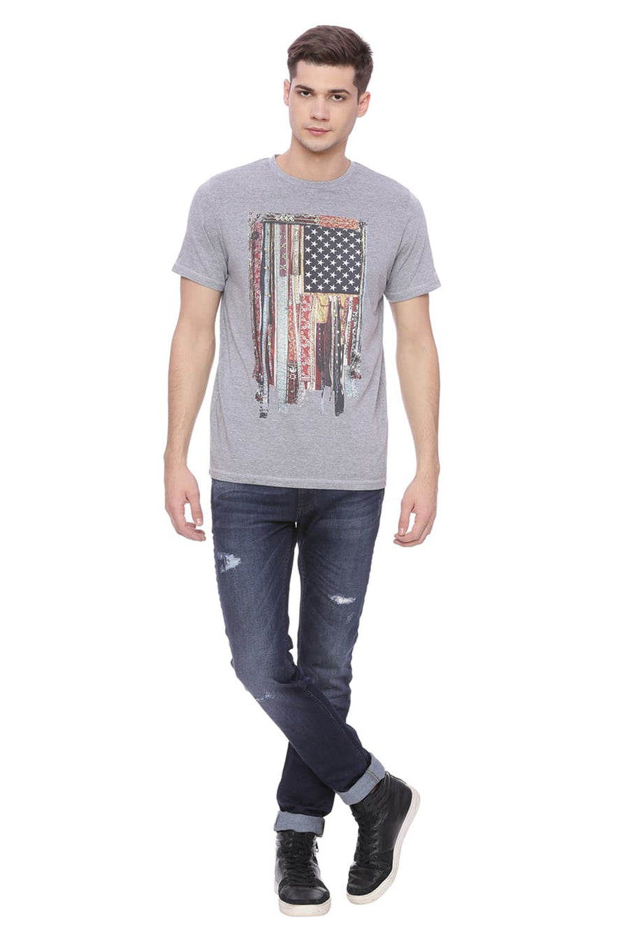 BASICS MUSCLE FIT HEATHER GRAY CREW NECK T SHIRT