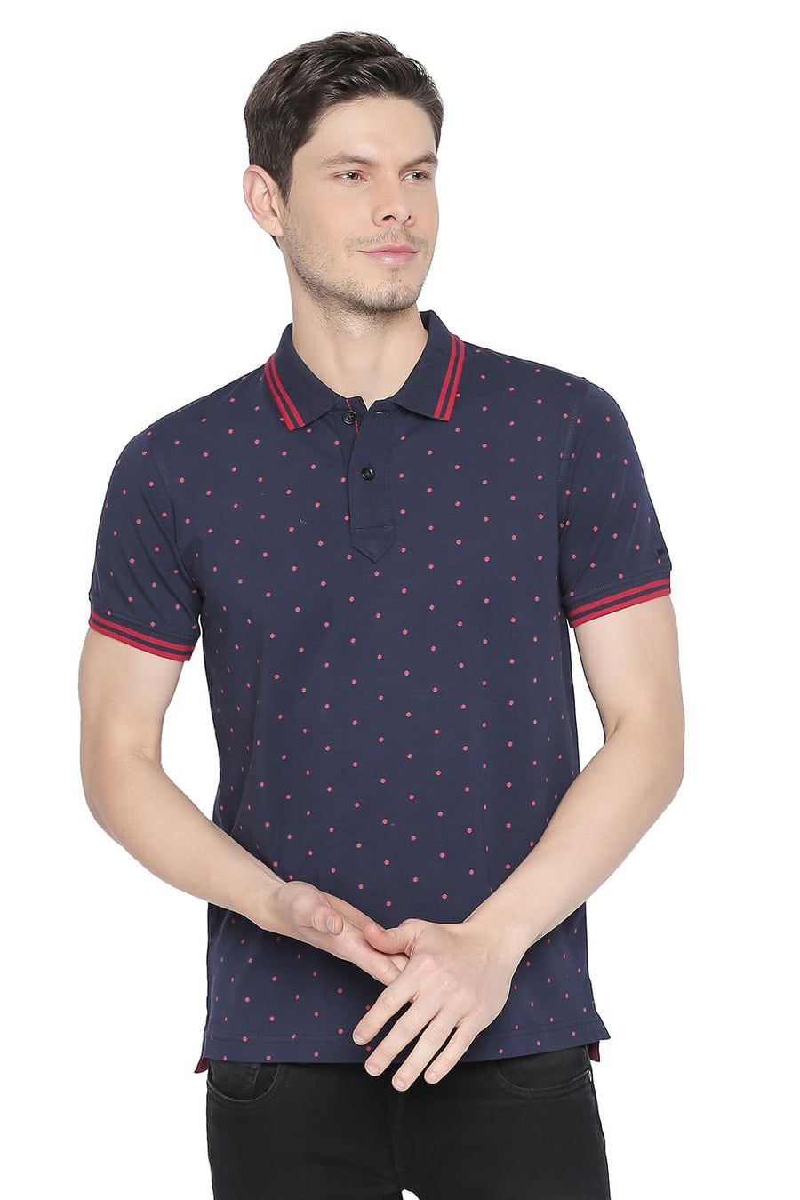 BASICS MUSCLE FIT MEDIEVAL BLUE PRINTED STRETCH POLO T SHIRT