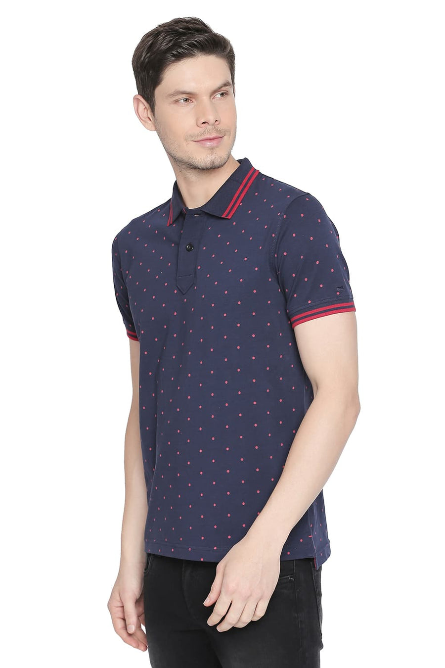 BASICS MUSCLE FIT MEDIEVAL BLUE PRINTED STRETCH POLO T SHIRT