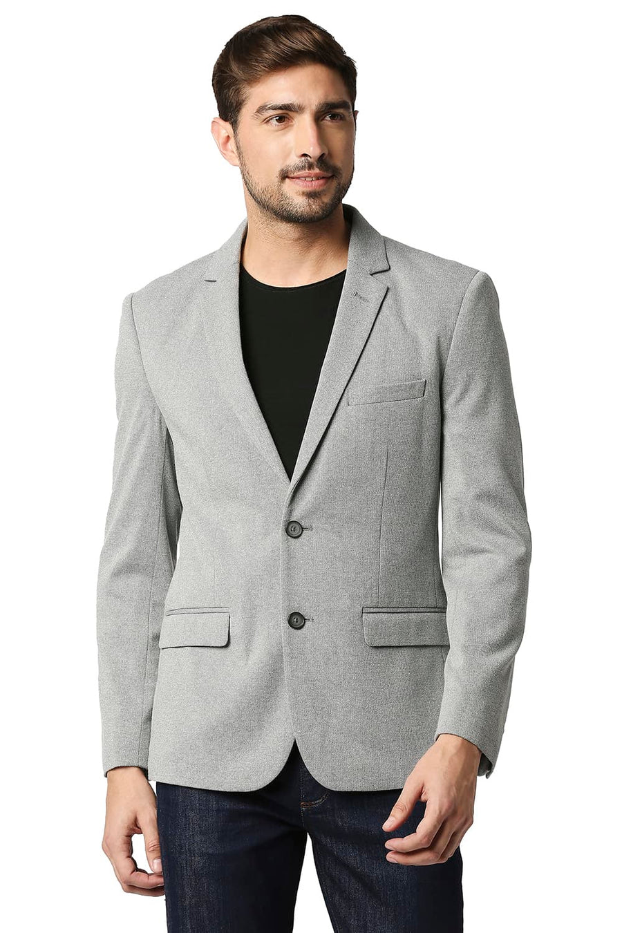 BASICS COMFORT FIT HARBOR MIST GREY BROKEN TWILL KNIT BLAZERS