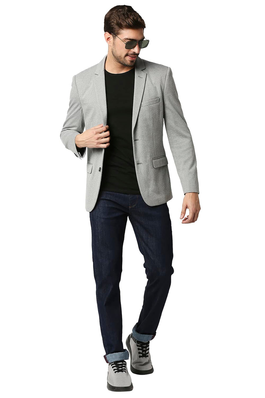 BASICS COMFORT FIT HARBOR MIST GREY BROKEN TWILL KNIT BLAZERS