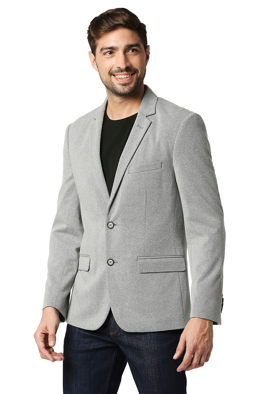 BASICS COMFORT FIT HARBOR MIST GREY BROKEN TWILL KNIT BLAZERS
