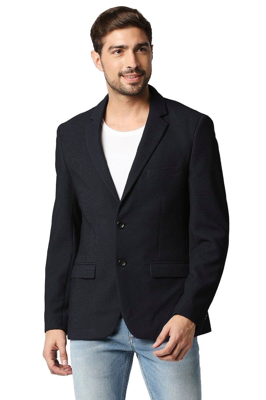 BASICS COMFORT FIT ECLIPSE NAVY DOBBY CHECK KNIT BLAZERS