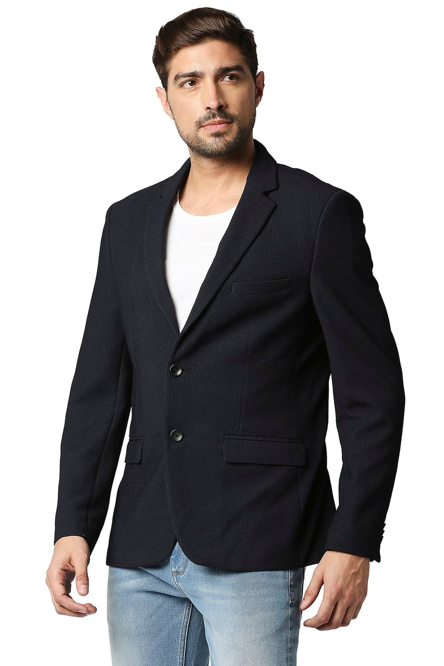 BASICS COMFORT FIT ECLIPSE NAVY DOBBY CHECK KNIT BLAZERS