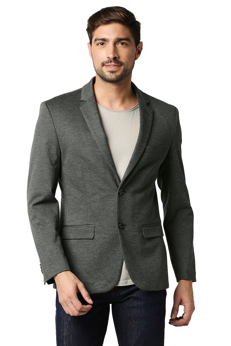 BASICS COMFORT FIT SHARKSKIN GREY BIRD EYE KNIT BLAZERS