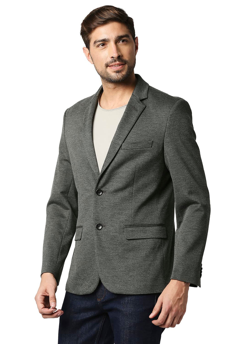 BASICS COMFORT FIT SHARKSKIN GREY BIRD EYE KNIT BLAZERS