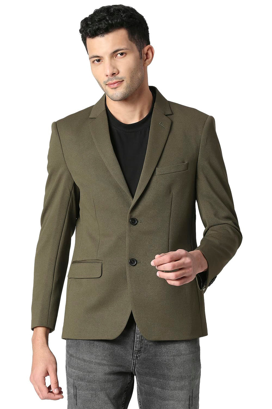 BASICS COMFORT FIT WINTER MOSS OLIVE SELF STRUCTURE KNIT BLAZERS