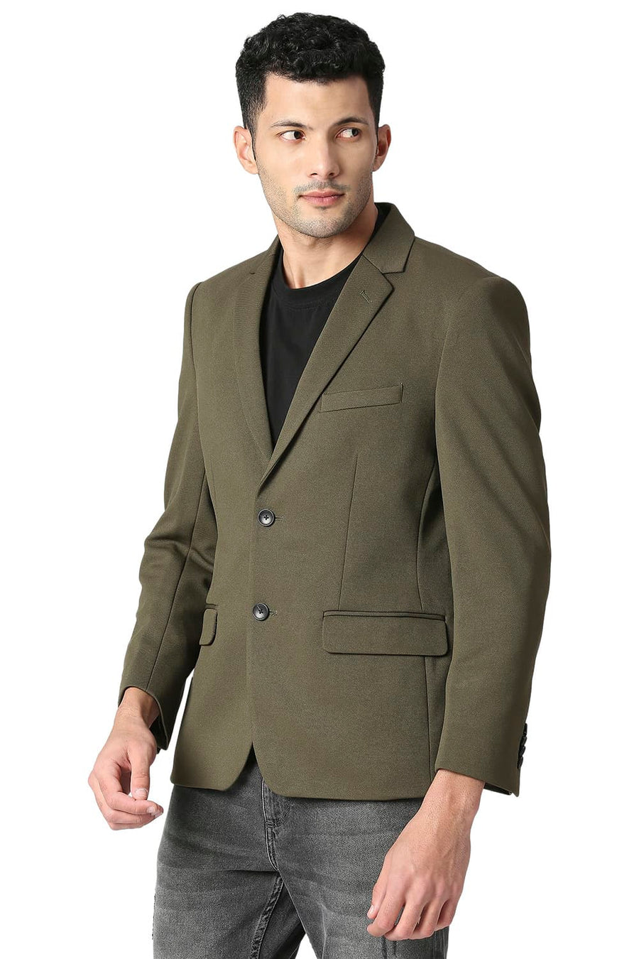 BASICS COMFORT FIT WINTER MOSS OLIVE SELF STRUCTURE KNIT BLAZERS