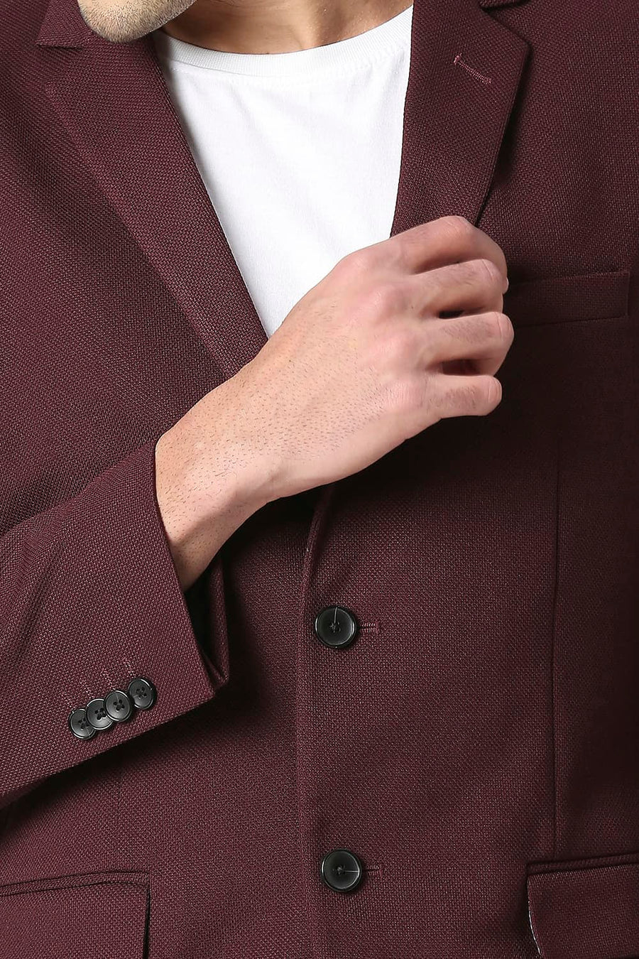 BASICS COMFORT FIT MAHOGANY WINE SELF STRUCTURE KNIT BLAZERS