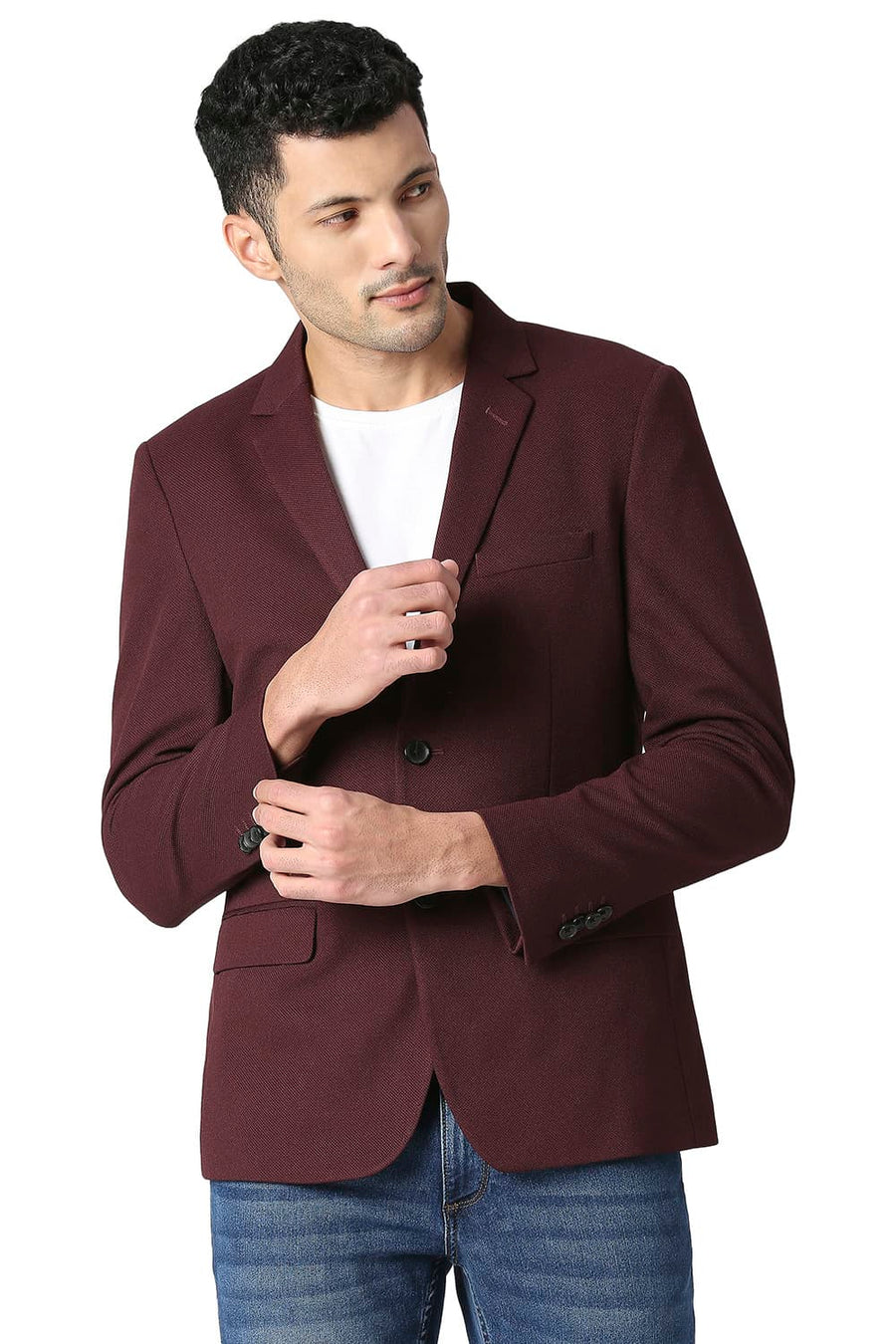 BASICS COMFORT FIT MAHOGANY WINE SELF STRUCTURE KNIT BLAZERS