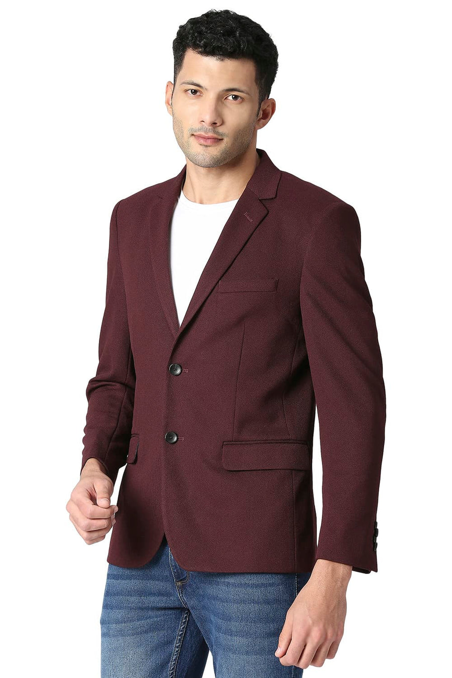 BASICS COMFORT FIT MAHOGANY WINE SELF STRUCTURE KNIT BLAZERS
