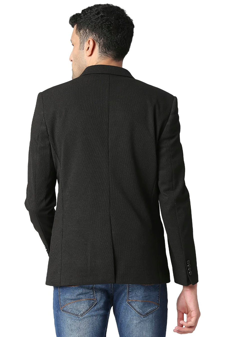 BASICS COMFORT FIT METEORITE BLACK SELF STRUCTURE KNIT BLAZERS