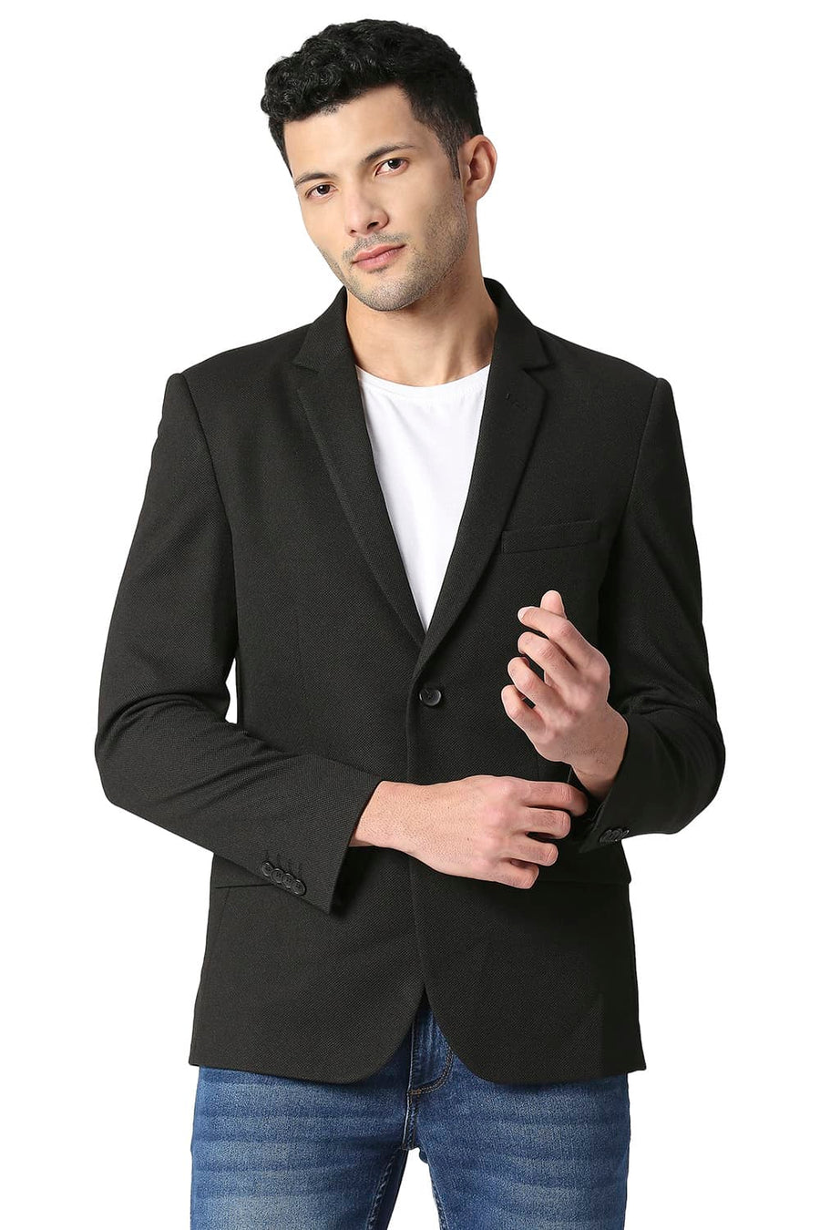 BASICS COMFORT FIT METEORITE BLACK SELF STRUCTURE KNIT BLAZERS