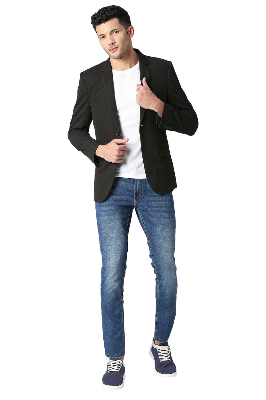 BASICS COMFORT FIT METEORITE BLACK SELF STRUCTURE KNIT BLAZERS