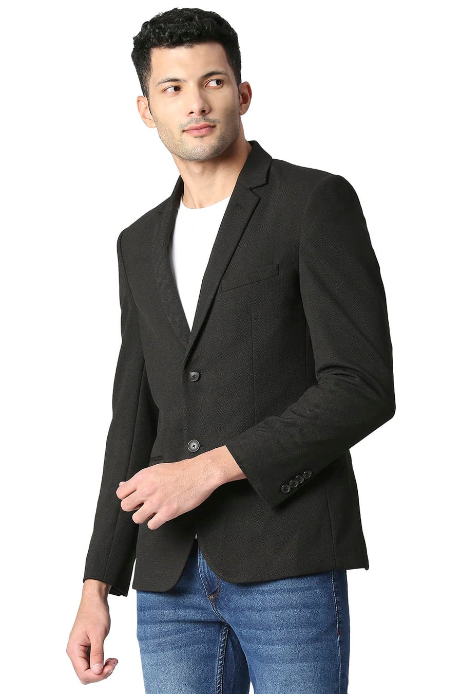 BASICS COMFORT FIT METEORITE BLACK SELF STRUCTURE KNIT BLAZERS