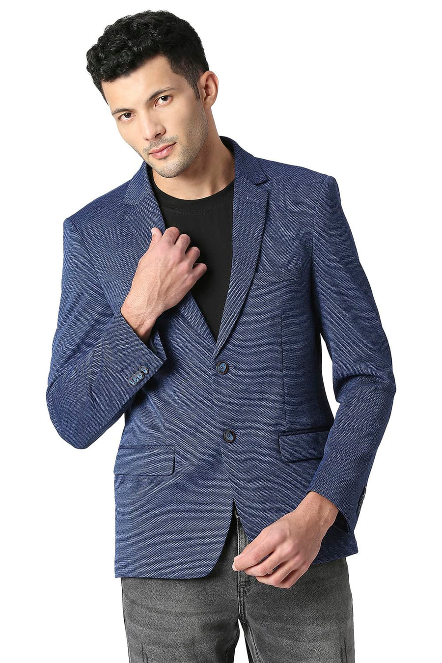 BASICS COMFORT FIT LOLITE BLUE HONEYCOMB KNIT BLAZERS
