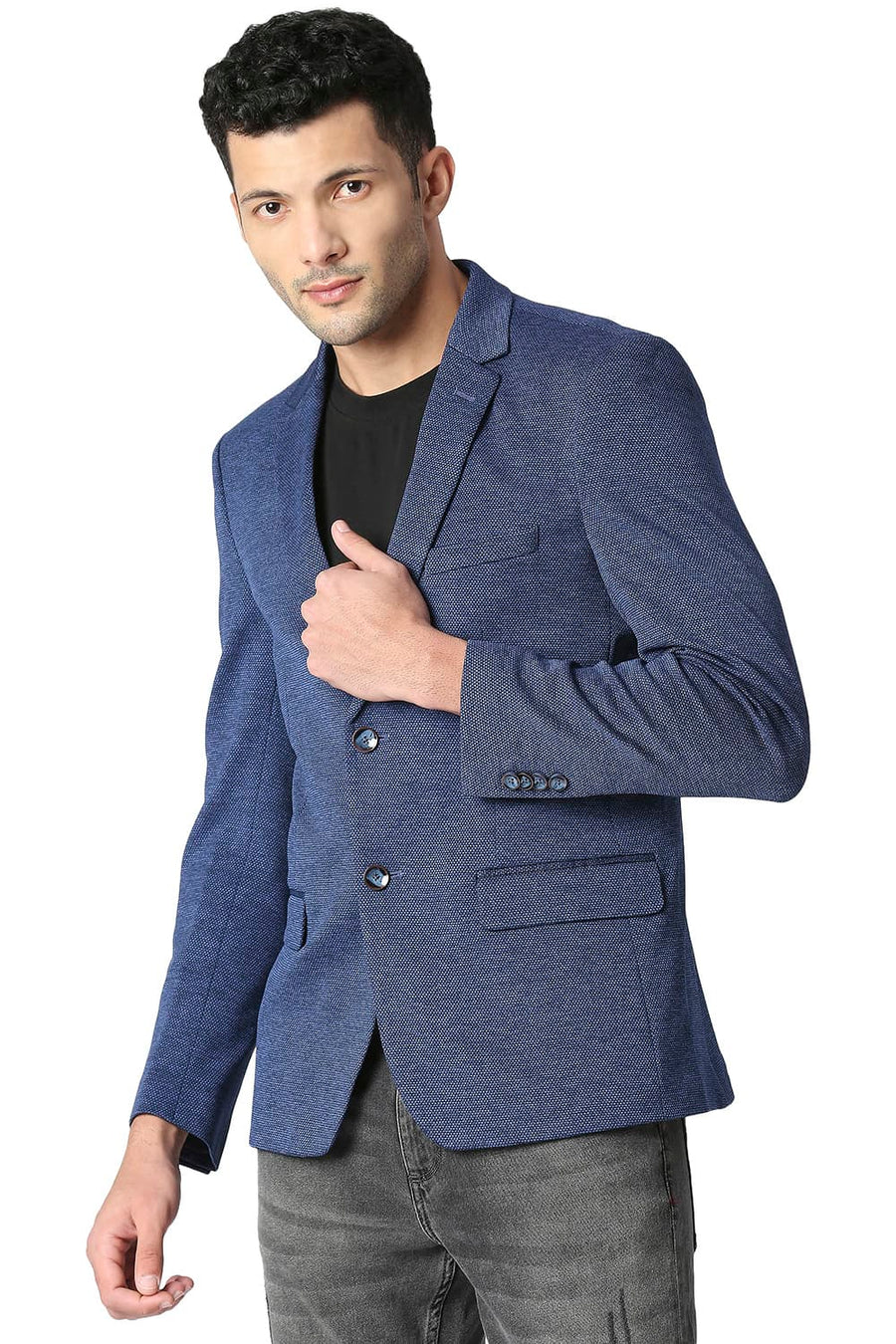 BASICS COMFORT FIT LOLITE BLUE HONEYCOMB KNIT BLAZERS