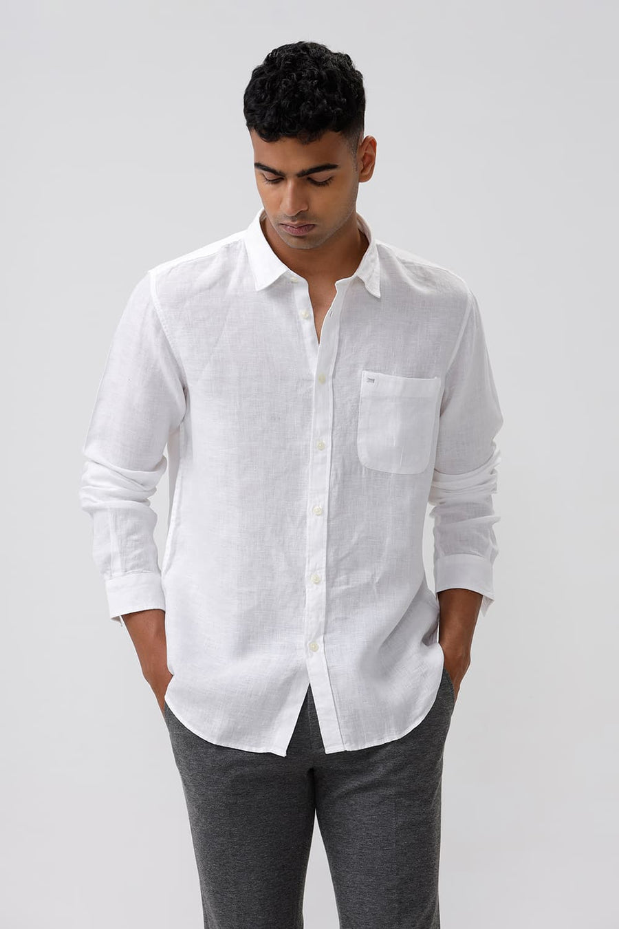BASICS SLIM FIT SNOW WHITE LINEN SHIRT