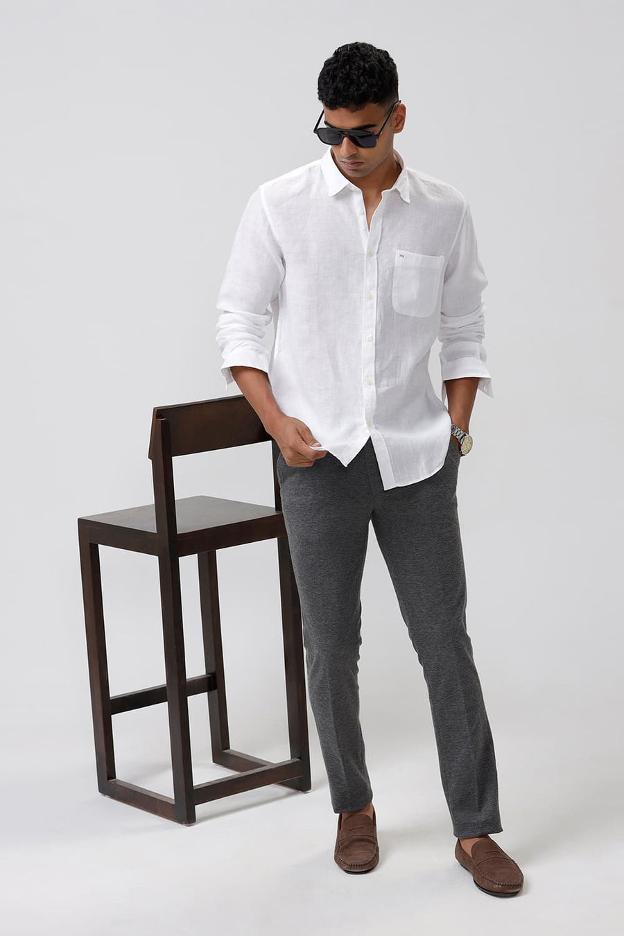 BASICS SLIM FIT SNOW WHITE LINEN SHIRT