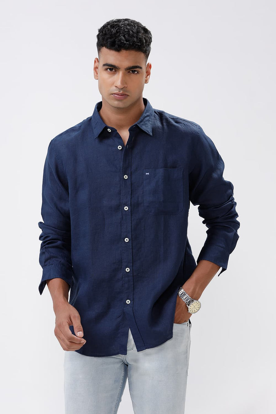 BASICS SLIM FIT NAVY IRIS LINEN SHIRT