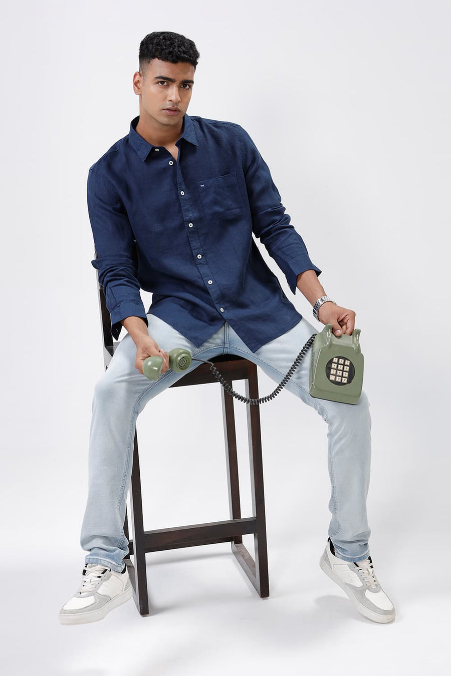 BASICS SLIM FIT NAVY IRIS LINEN SHIRT