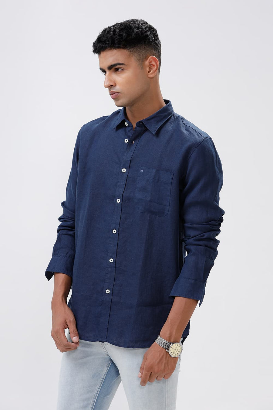BASICS SLIM FIT NAVY IRIS LINEN SHIRT