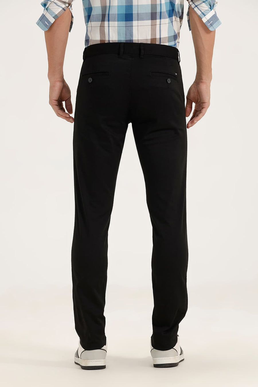BASICS TAPERED FIT PHANTHOM BLACK SATIN STRETCH TROUSERS