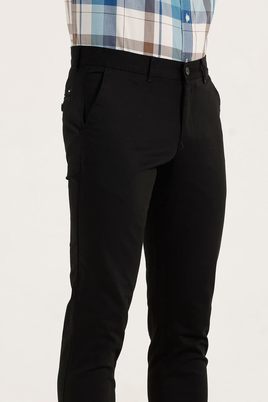 BASICS TAPERED FIT PHANTHOM BLACK SATIN STRETCH TROUSERS