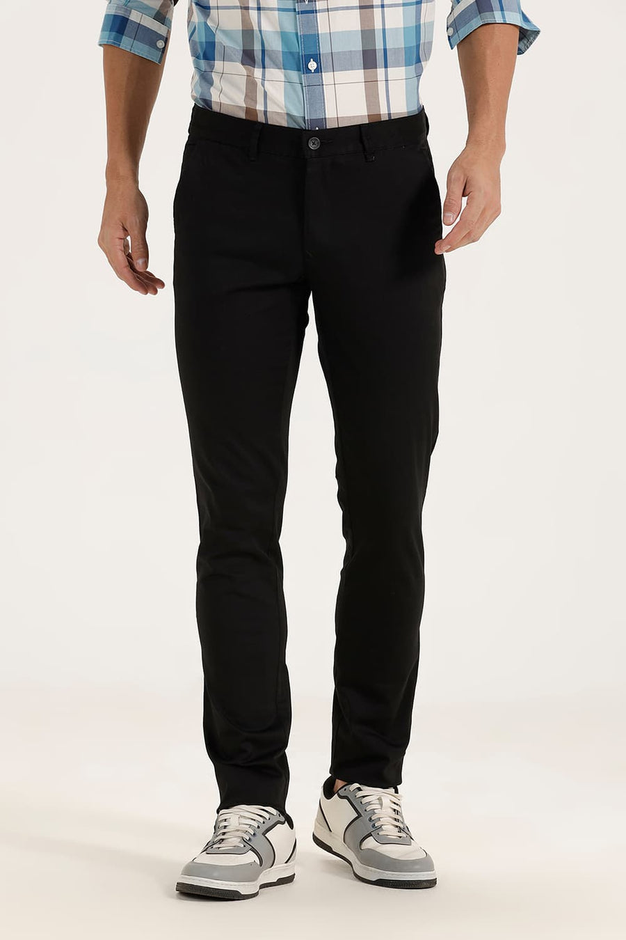 BASICS TAPERED FIT PHANTHOM BLACK SATIN STRETCH TROUSERS