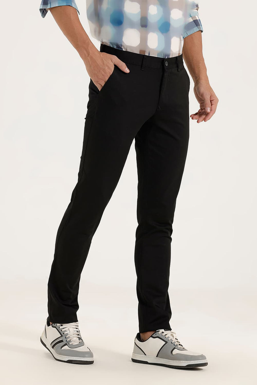 BASICS TAPERED FIT PHANTHOM BLACK SATIN STRETCH TROUSERS