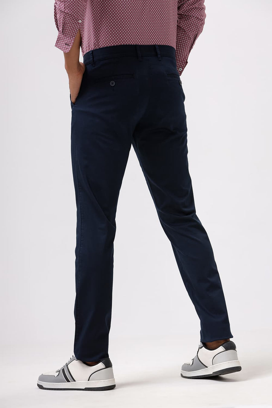 BASICS TAPERED FIT ANTHRACITE NAVY SATIN STRETCH TROUSERS