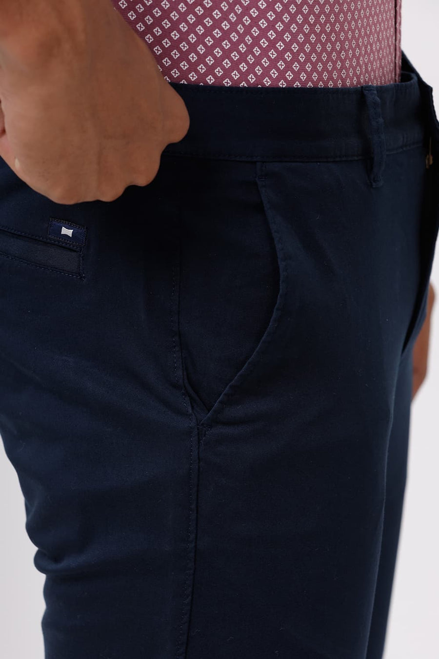 BASICS TAPERED FIT ANTHRACITE NAVY SATIN STRETCH TROUSERS