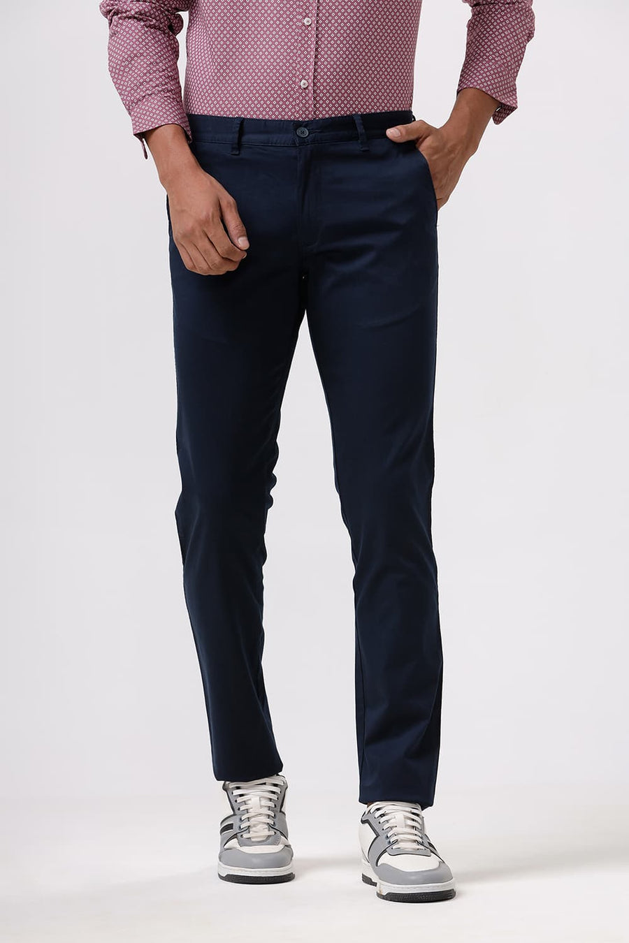 BASICS TAPERED FIT ANTHRACITE NAVY SATIN STRETCH TROUSERS