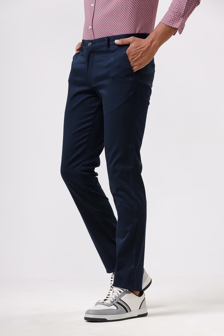 BASICS TAPERED FIT ANTHRACITE NAVY SATIN STRETCH TROUSERS