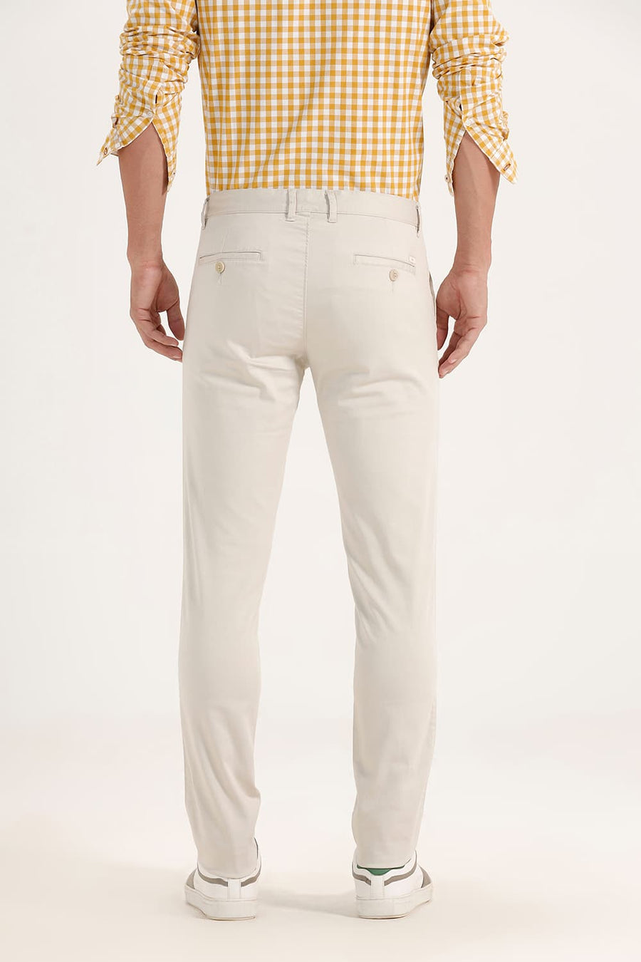 BASICS TAPERED FIT TURTLEDOVE ECRU SATIN STRETCH TROUSERS