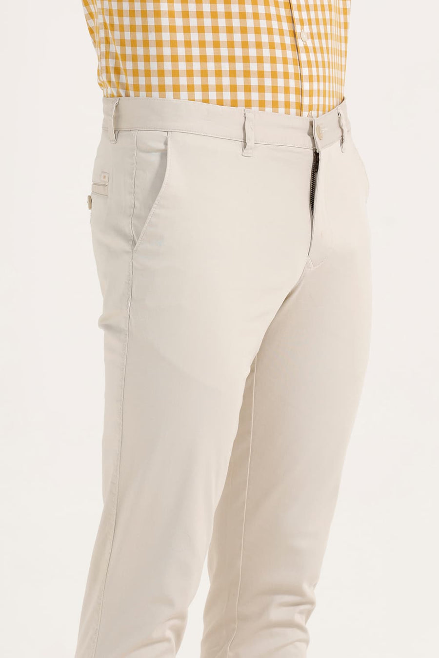 BASICS TAPERED FIT TURTLEDOVE ECRU SATIN STRETCH TROUSERS