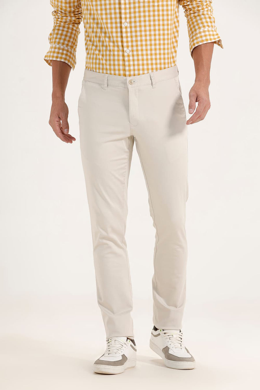 BASICS TAPERED FIT TURTLEDOVE ECRU SATIN STRETCH TROUSERS