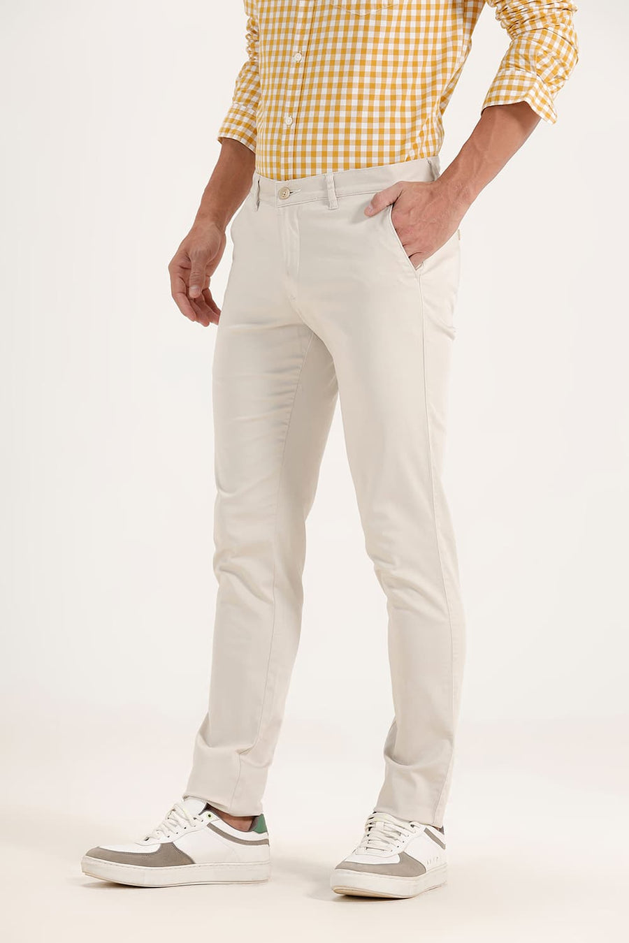 BASICS TAPERED FIT TURTLEDOVE ECRU SATIN STRETCH TROUSERS