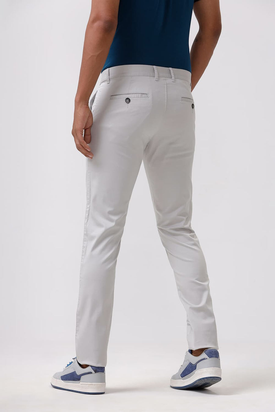 BASICS TAPERED FIT ANTARCTICA GREY SATIN STRETCH TROUSERS