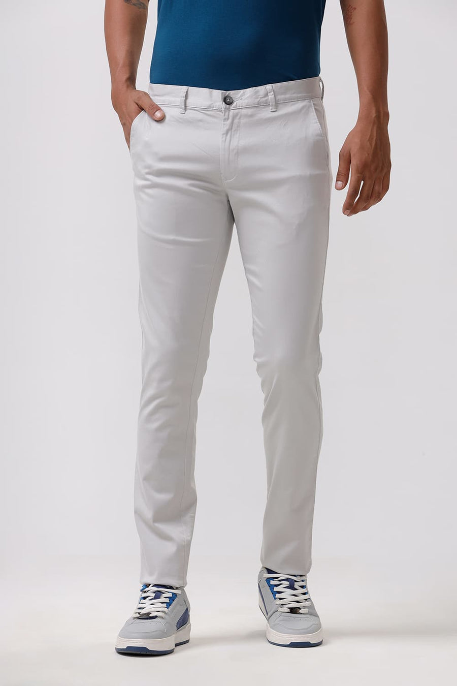 BASICS TAPERED FIT ANTARCTICA GREY SATIN STRETCH TROUSERS